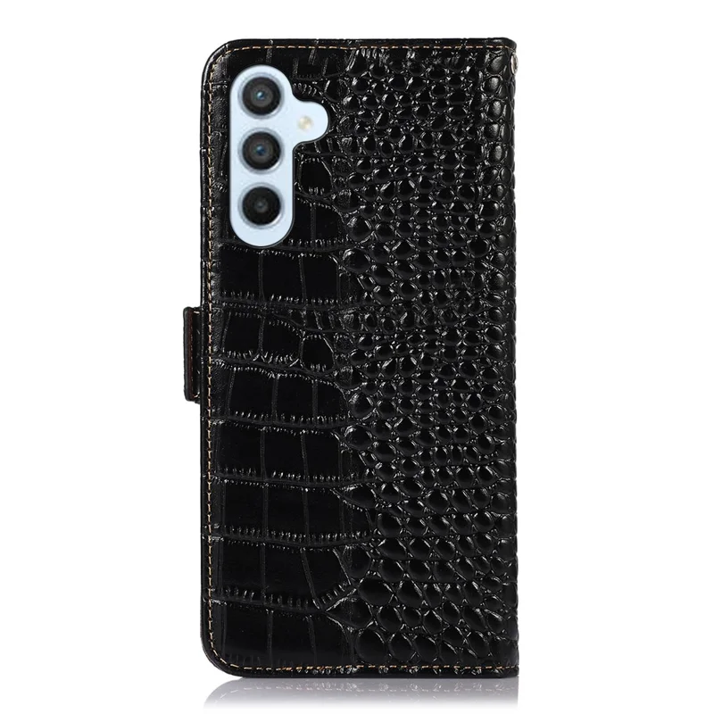 Capa de Telefone Carteira para Samsung Galaxy M14 5G Bloqueio RFID Couro Verdadeiro de Vaca - Preto