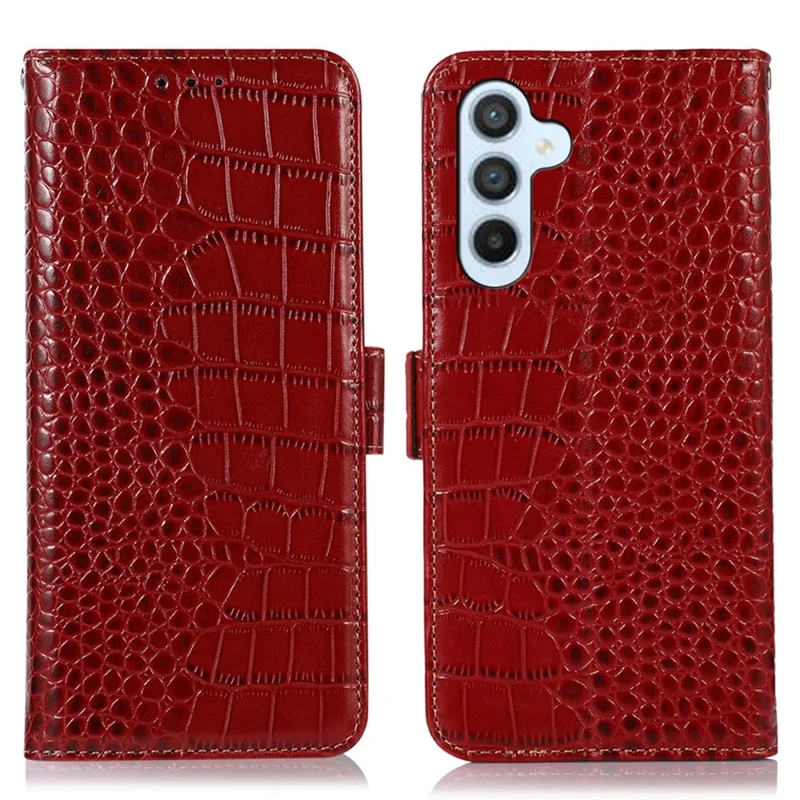 Capa de Telefone Carteira para Samsung Galaxy M14 5G RFID Bloqueio de Couro Verdadeiro de Vaca - Vermelho