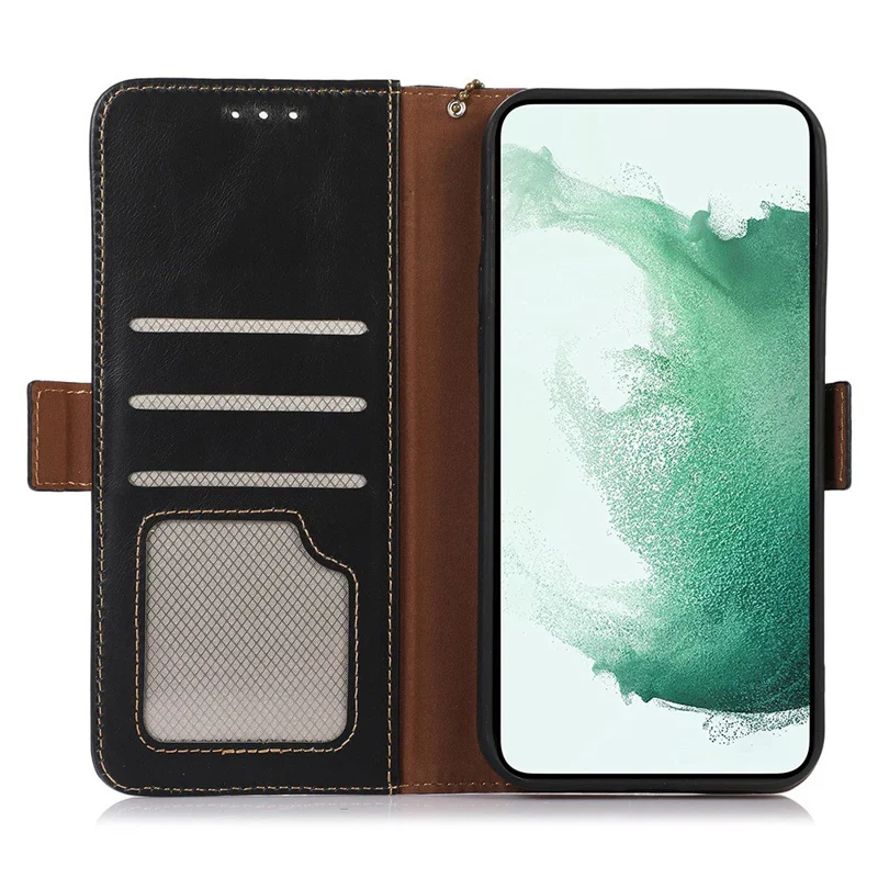 Para o Caso do Samsung Galaxy M14 5G RFID Blocking Genuine Cowhide Leather Wallet Phone Cover - Preto