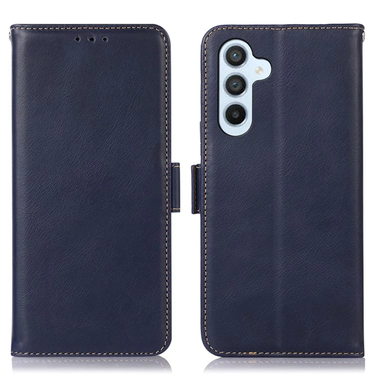 Per Samsung Galaxy M14 5G Case RFID Blocking Genuine Cowhide Leather Wallet Phone Cover - Blue