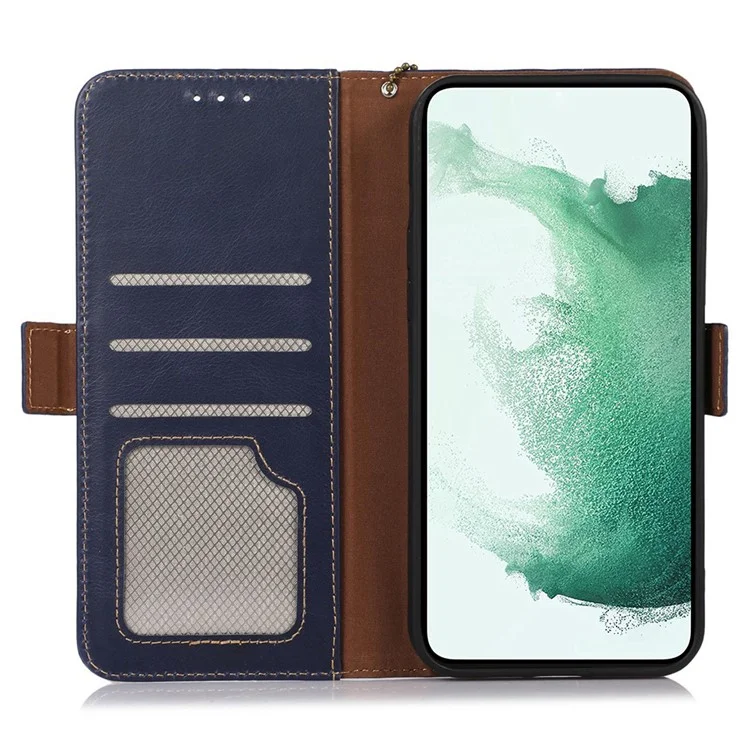 Per Samsung Galaxy M14 5G Case RFID Blocking Genuine Cowhide Leather Wallet Phone Cover - Blue