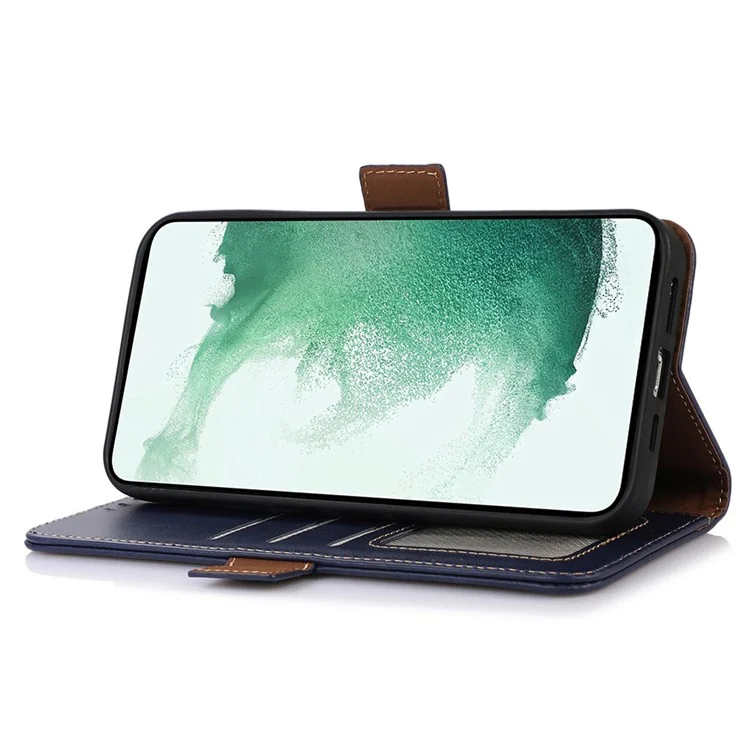 Per Samsung Galaxy M14 5G Case RFID Blocking Genuine Cowhide Leather Wallet Phone Cover - Blue