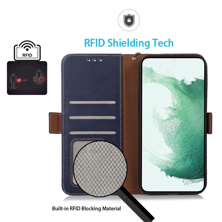 Per Samsung Galaxy M14 5G Case RFID Blocking Genuine Cowhide Leather Wallet Phone Cover - Blue