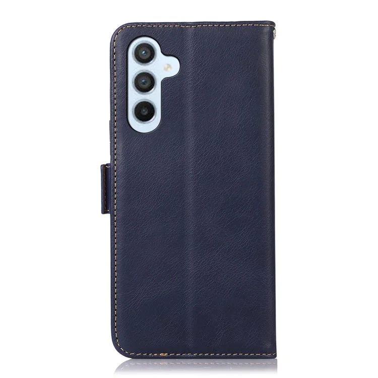 Per Samsung Galaxy M14 5G Case RFID Blocking Genuine Cowhide Leather Wallet Phone Cover - Blue