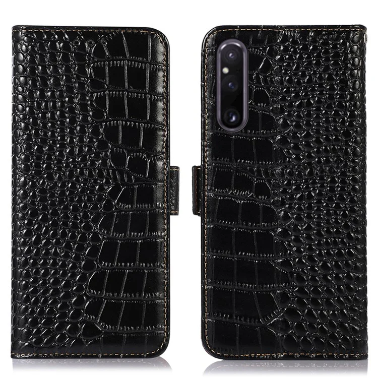 Carteira Capa de Telefone para Sony Xperia 1 V, Textura de Crocodilo RFID Blocking Stand Genuine Cowhide Leather Phone Cover - Preto