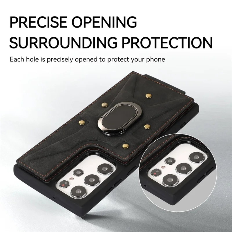 Para Samsung Galaxy S23 Ultra Rotary Kickstand Leather Coated TPU Case Card Holder Phone Cover - Preto