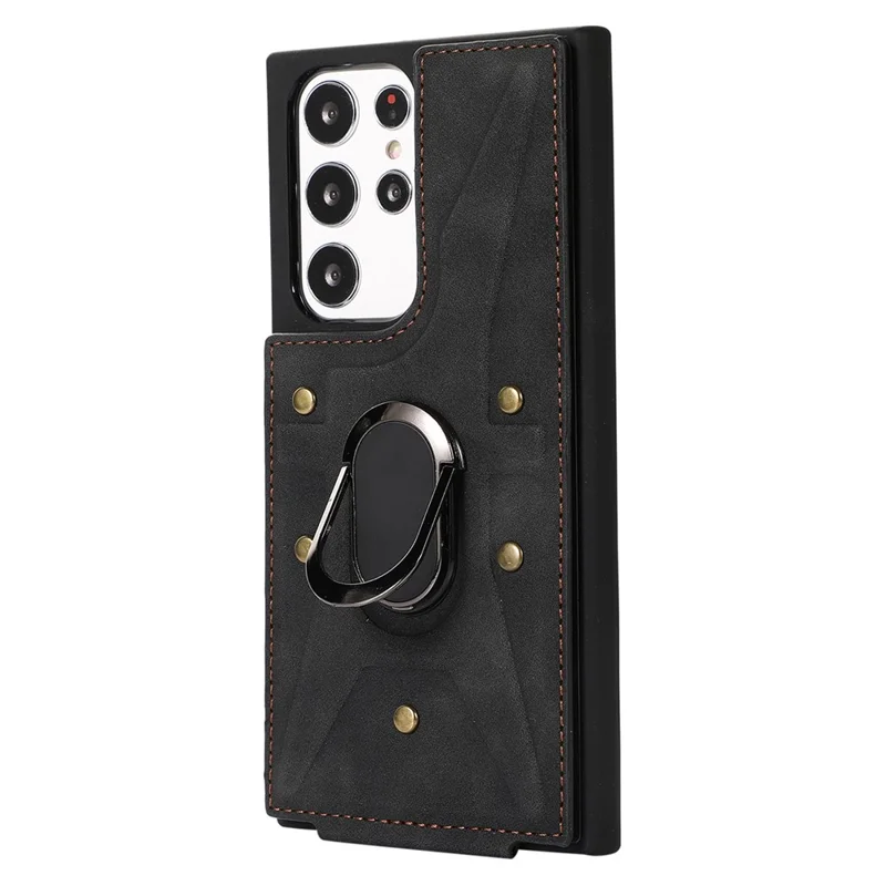 Para Samsung Galaxy S23 Ultra Rotary Kickstand Leather Coated TPU Case Card Holder Phone Cover - Preto