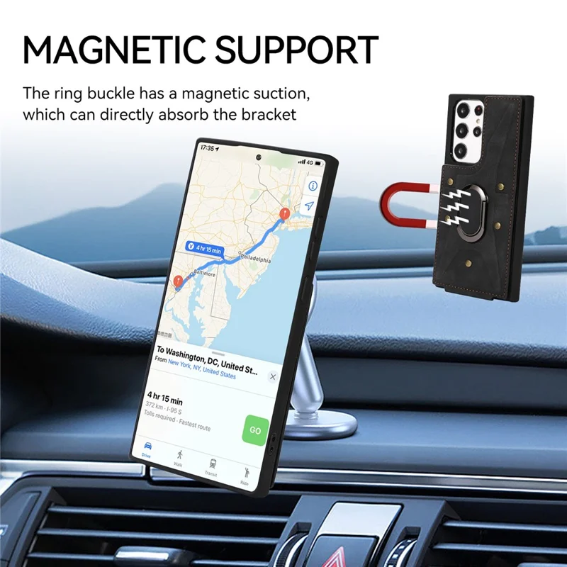 Para Samsung Galaxy S23 Ultra Rotary Kickstand Leather Coated TPU Case Card Holder Phone Cover - Preto