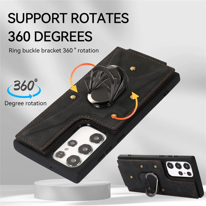 Para Samsung Galaxy S23 Ultra Rotary Kickstand Leather Coated TPU Case Card Holder Phone Cover - Preto