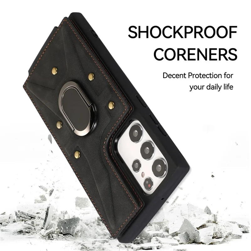 Para Samsung Galaxy S23 Ultra Rotary Kickstand Leather Coated TPU Case Card Holder Phone Cover - Preto