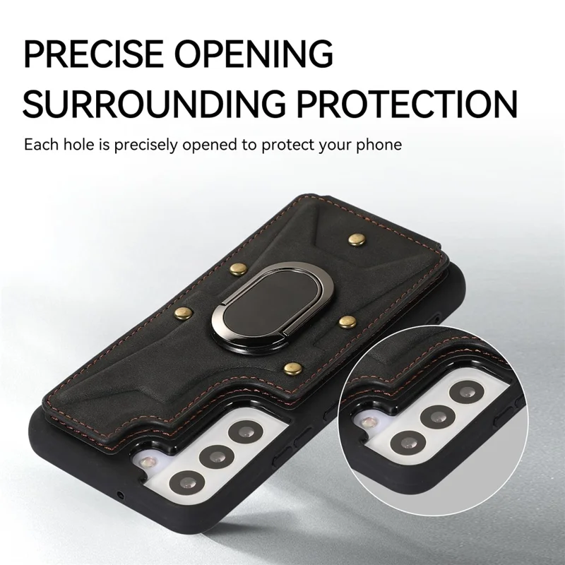 Для Samsung Galaxy S23 Card Slots Phone Case Ring Kickstand PU Leather Coated TPU Cover - Black