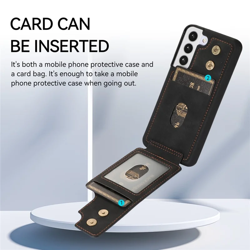 Для Samsung Galaxy S23 Card Slots Phone Case Ring Kickstand PU Leather Coated TPU Cover - Black