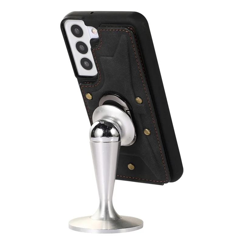 Для Samsung Galaxy S23 Card Slots Phone Case Ring Kickstand PU Leather Coated TPU Cover - Black