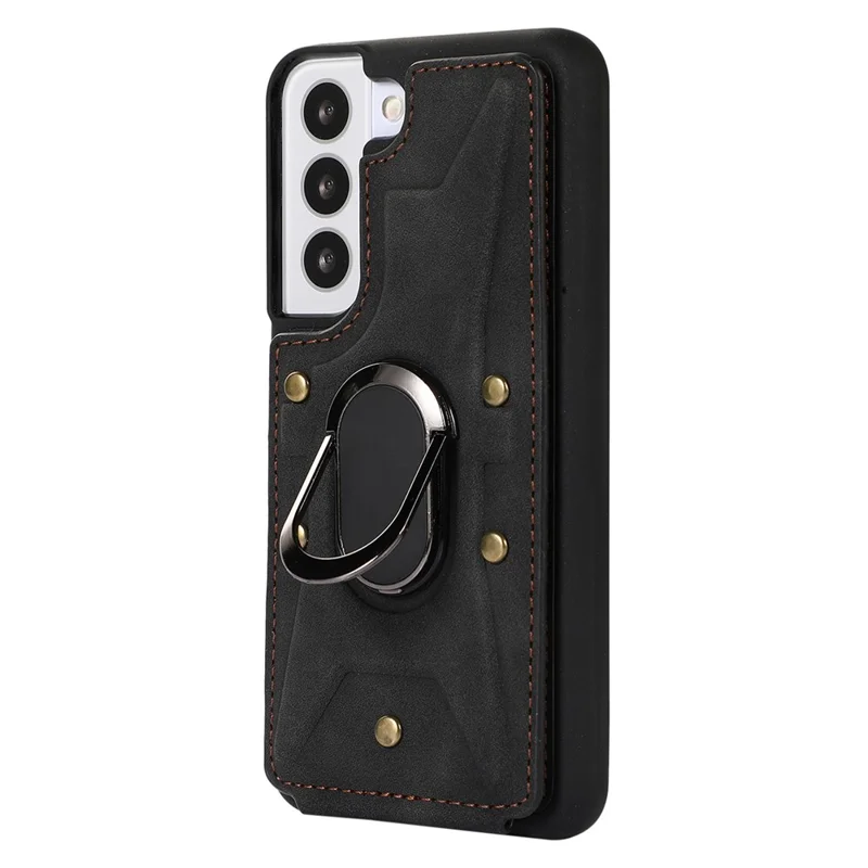 Для Samsung Galaxy S23 Card Slots Phone Case Ring Kickstand PU Leather Coated TPU Cover - Black