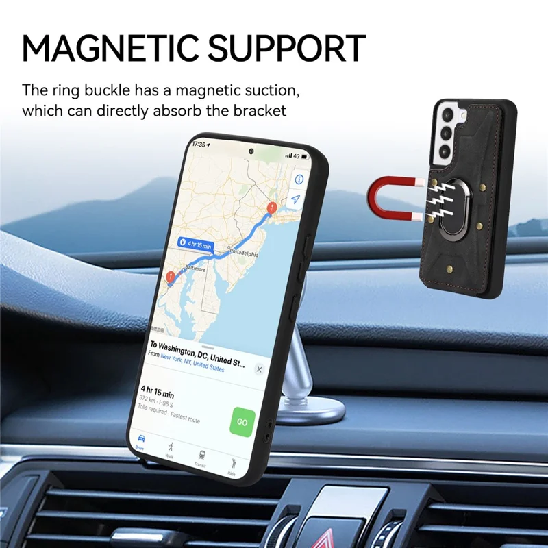 Для Samsung Galaxy S23 Card Slots Phone Case Ring Kickstand PU Leather Coated TPU Cover - Black