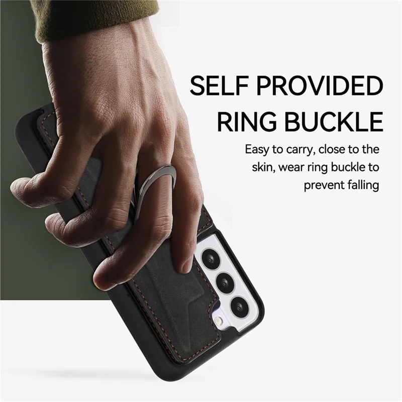 Для Samsung Galaxy S23 Card Slots Phone Case Ring Kickstand PU Leather Coated TPU Cover - Black