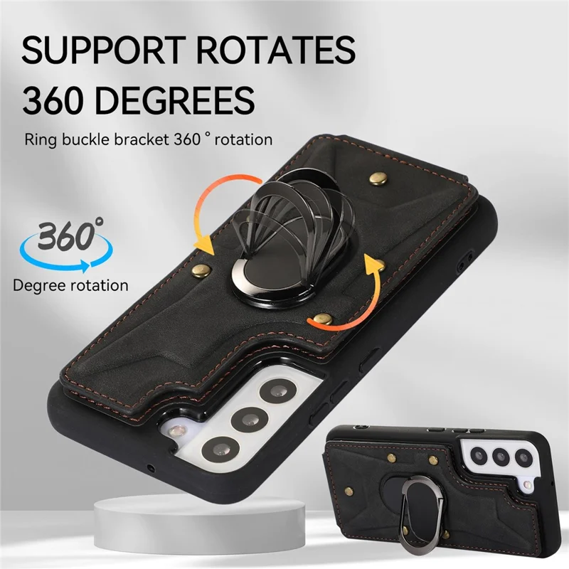 Для Samsung Galaxy S23 Card Slots Phone Case Ring Kickstand PU Leather Coated TPU Cover - Black