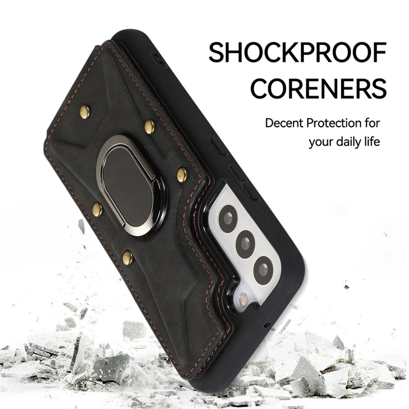 Для Samsung Galaxy S23 Card Slots Phone Case Ring Kickstand PU Leather Coated TPU Cover - Black
