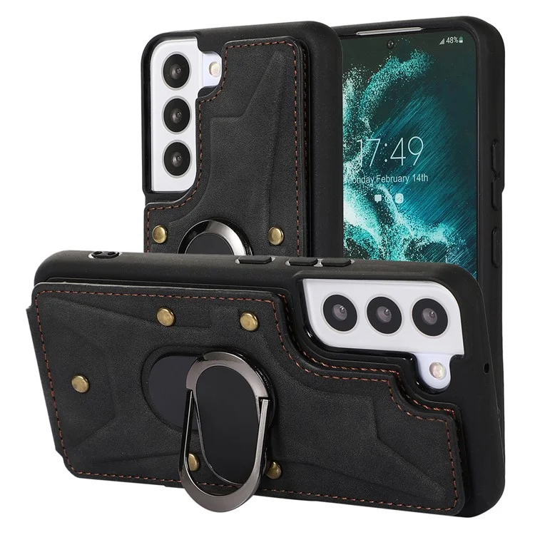 Для Samsung Galaxy S23+ Rotary Ring Kickstand Phone Case Card Slots Leather Coated TPU Cover - Чёрный