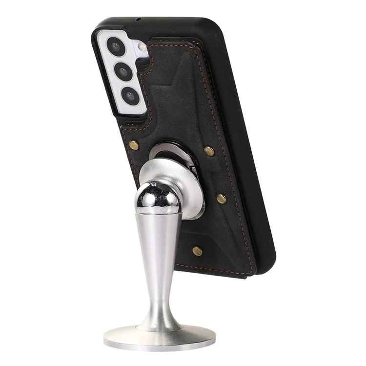 Для Samsung Galaxy S23+ Rotary Ring Kickstand Phone Case Card Slots Leather Coated TPU Cover - Чёрный