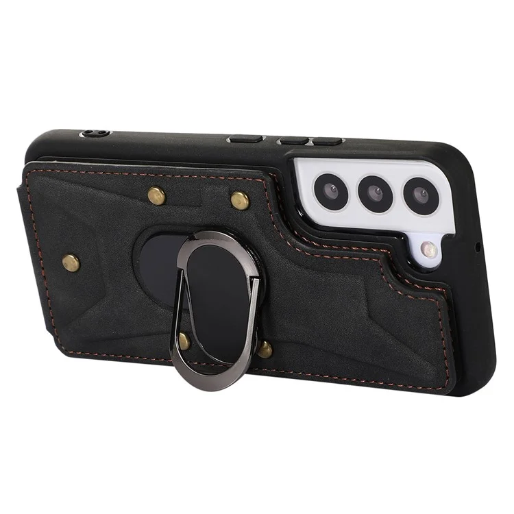 Для Samsung Galaxy S23+ Rotary Ring Kickstand Phone Case Card Slots Leather Coated TPU Cover - Чёрный