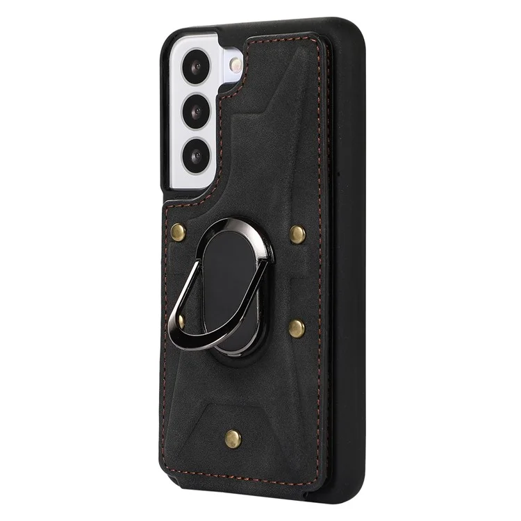 Для Samsung Galaxy S23+ Rotary Ring Kickstand Phone Case Card Slots Leather Coated TPU Cover - Чёрный