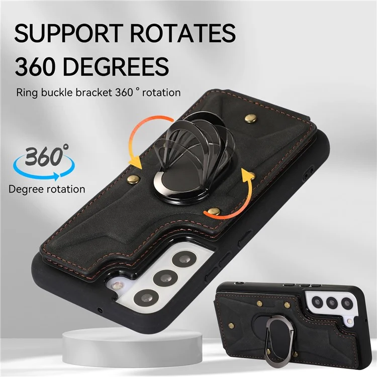 Для Samsung Galaxy S23+ Rotary Ring Kickstand Phone Case Card Slots Leather Coated TPU Cover - Чёрный