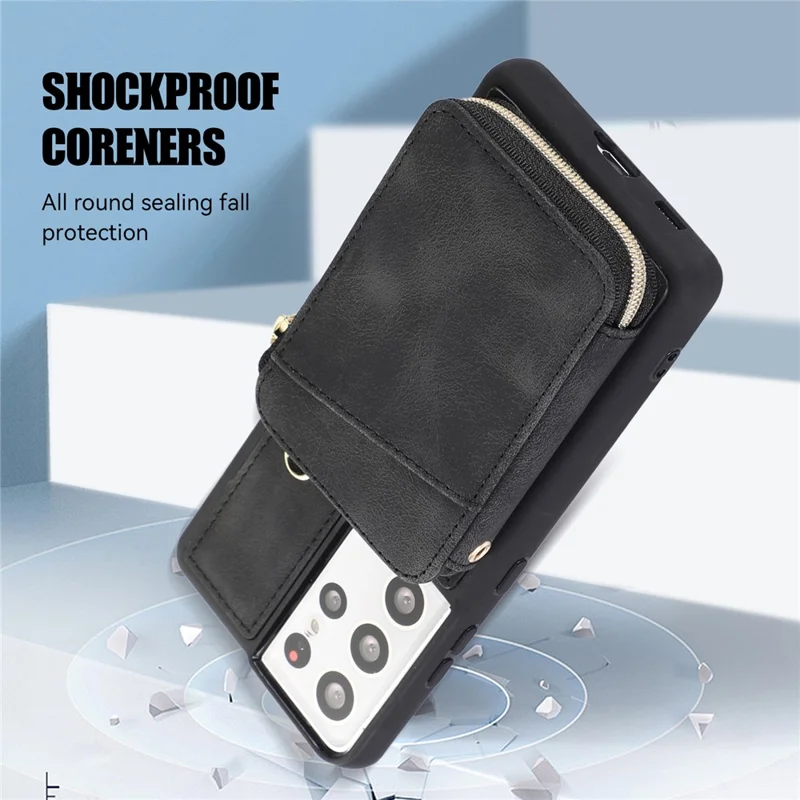 Para Samsung Galaxy S23 Ultra Kickstand Phone Case Zipper Card Bag Leather+TPU Phone Cover with Straps - Preto