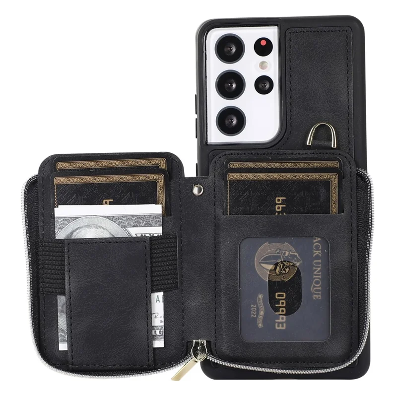Para Samsung Galaxy S23 Ultra Kickstand Phone Case Zipper Card Bag Leather+TPU Phone Cover with Straps - Preto