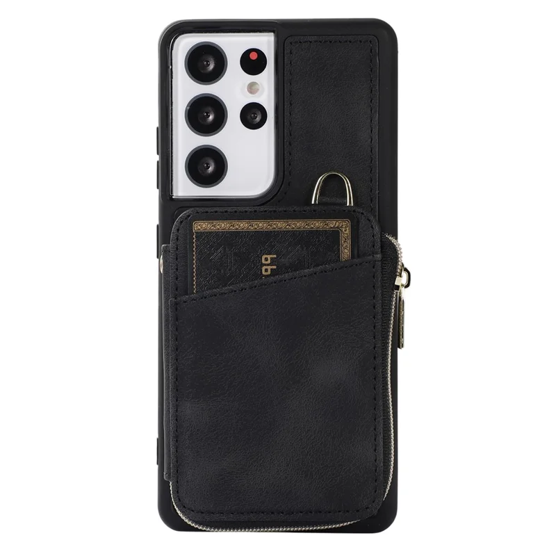 Para Samsung Galaxy S23 Ultra Kickstand Phone Case Zipper Card Bag Leather+TPU Phone Cover with Straps - Preto