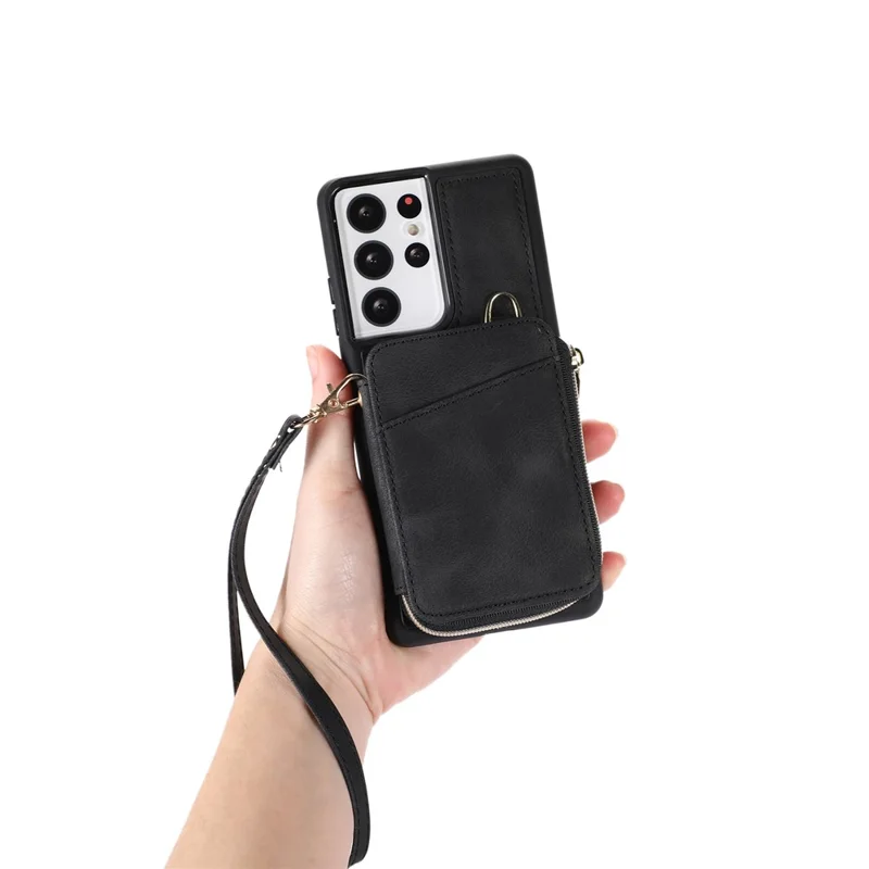 Para Samsung Galaxy S23 Ultra Kickstand Phone Case Zipper Card Bag Leather+TPU Phone Cover with Straps - Preto