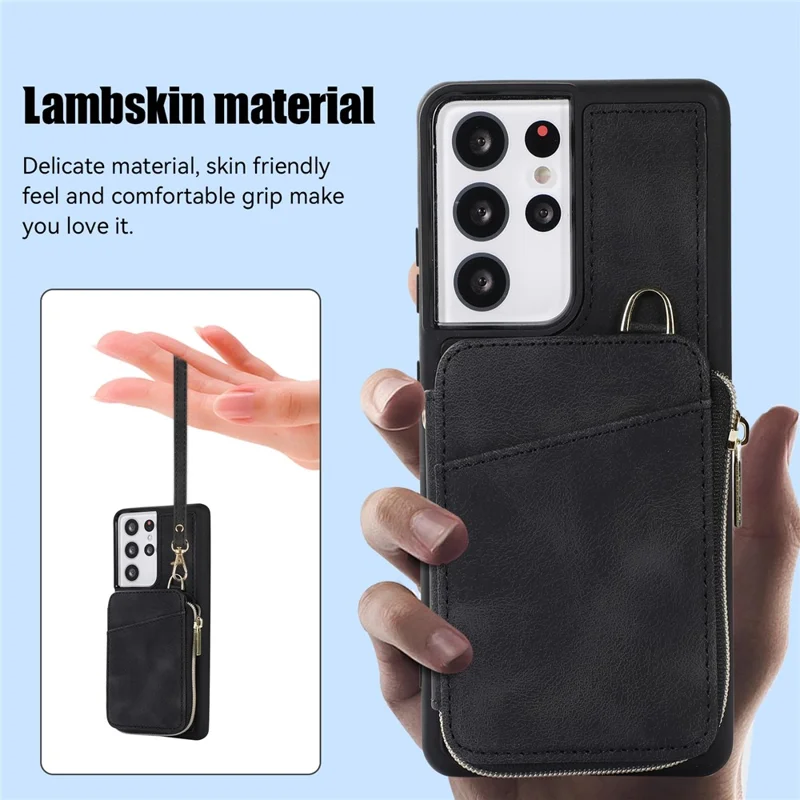 Para Samsung Galaxy S23 Ultra Kickstand Phone Case Zipper Card Bag Leather+TPU Phone Cover with Straps - Preto
