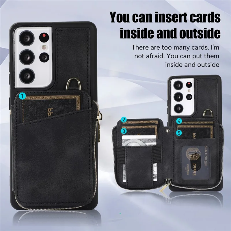Para Samsung Galaxy S23 Ultra Kickstand Phone Case Zipper Card Bag Leather+TPU Phone Cover with Straps - Preto