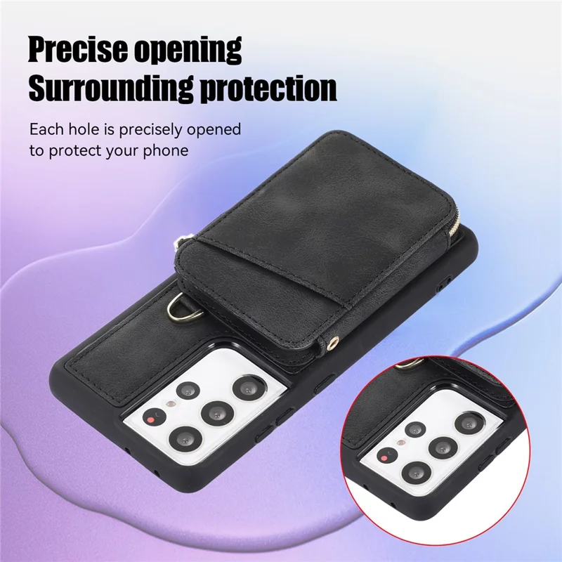 Para Samsung Galaxy S23 Ultra Kickstand Phone Case Zipper Card Bag Leather+TPU Phone Cover with Straps - Preto
