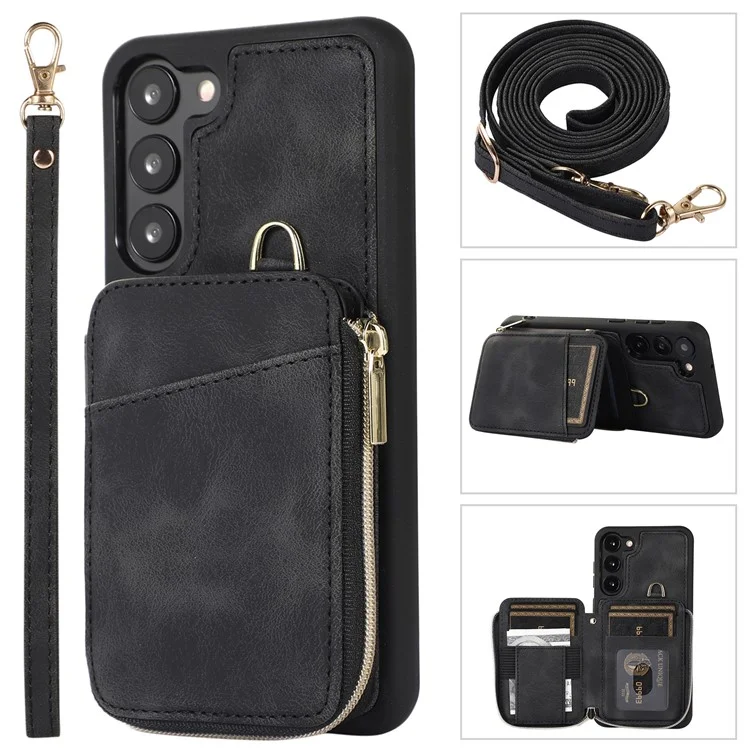 Para Samsung Galaxy S23+ Zipper Card Holder Phone Case Leather Coated TPU Kickstand Cover with Straps - Preto