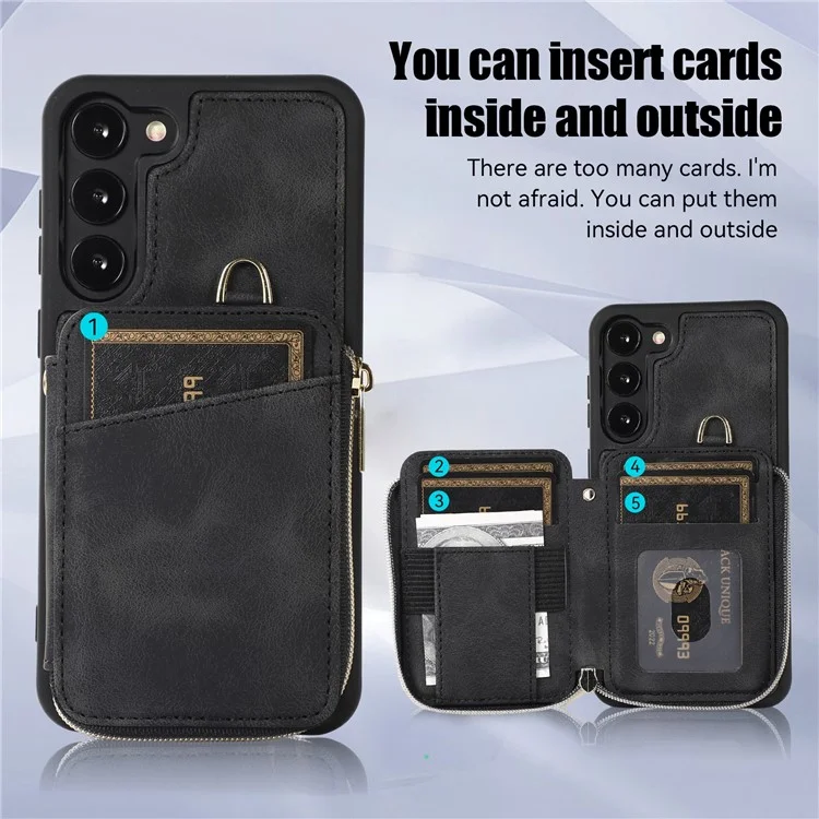 Para Samsung Galaxy S23+ Zipper Card Holder Phone Case Leather Coated TPU Kickstand Cover with Straps - Preto