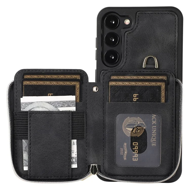 Para Samsung Galaxy S23+ Zipper Card Holder Phone Case Leather Coated TPU Kickstand Cover with Straps - Preto