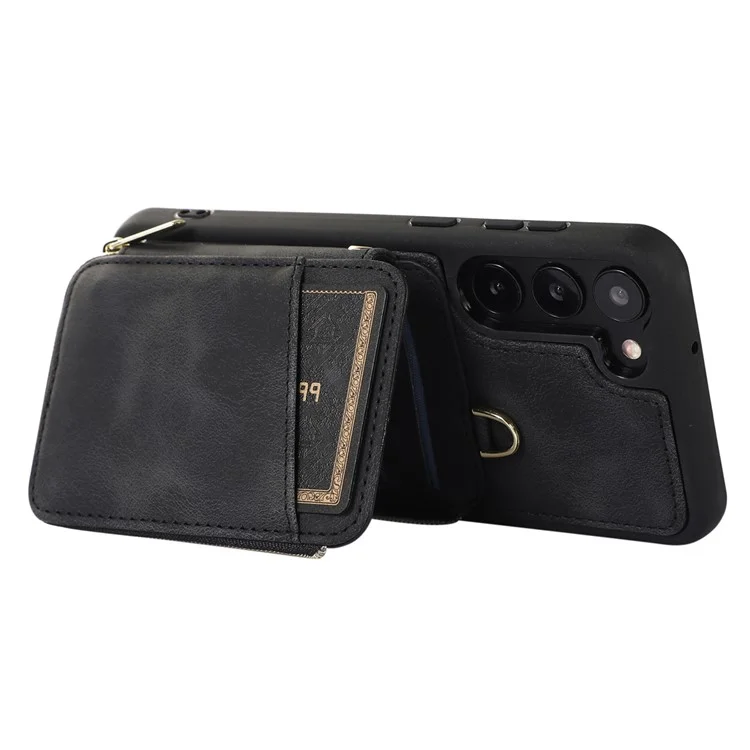 Para Samsung Galaxy S23+ Zipper Card Holder Phone Case Leather Coated TPU Kickstand Cover with Straps - Preto