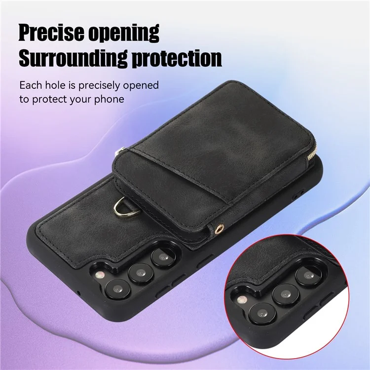 Para Samsung Galaxy S23+ Zipper Card Holder Phone Case Leather Coated TPU Kickstand Cover with Straps - Preto