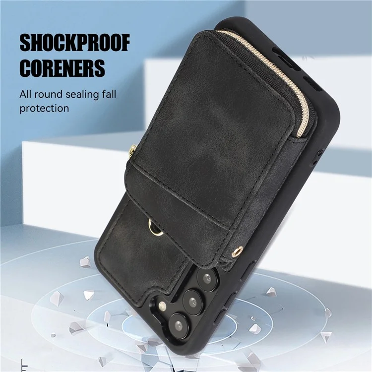 Para Samsung Galaxy S23+ Zipper Card Holder Phone Case Leather Coated TPU Kickstand Cover with Straps - Preto