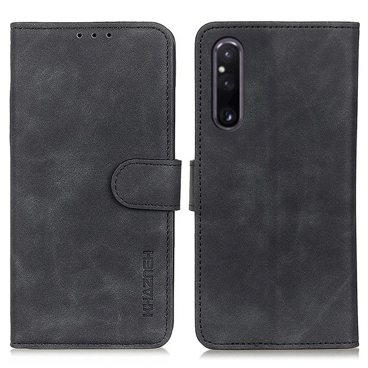 KHAZNEH For Sony Xperia 1 V Wallet Protective Phone Stand Cover Anti-Scratch Retro Leather Shell Case - Black