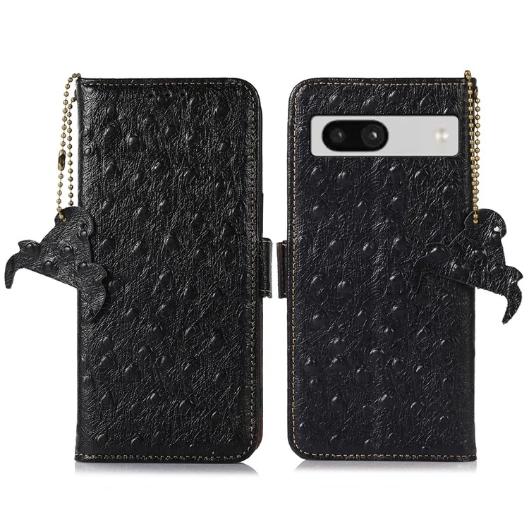 Para o Google Pixel 7a Genuine Cowhide Leather RFID Blocking Wallet Phone Case Ostrich Pattern Stand Cover - Black
