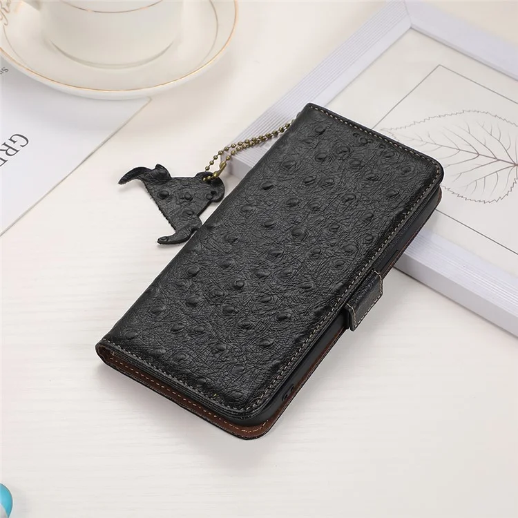 Para o Google Pixel 7a Genuine Cowhide Leather RFID Blocking Wallet Phone Case Ostrich Pattern Stand Cover - Black