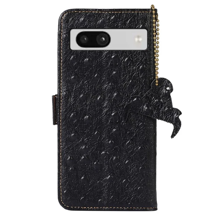 Para o Google Pixel 7a Genuine Cowhide Leather RFID Blocking Wallet Phone Case Ostrich Pattern Stand Cover - Black