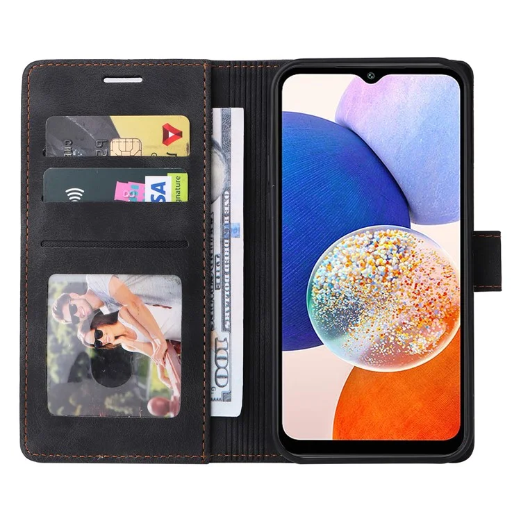 007 Series For Samsung Galaxy A14 5G / A14 4G Skin-touch Leather Wallet Phone Case Flip Stand Anti-drop Cover - Black