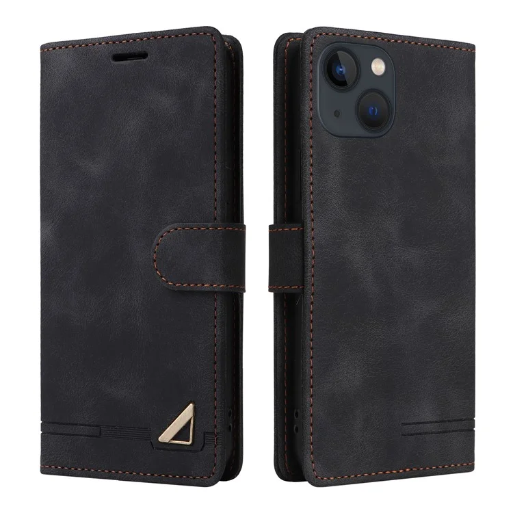 007 Serie per iPhone 14 Wallet Flip Cover PU Leather Skin-touch Stand Magnetic Phone Case - Nero