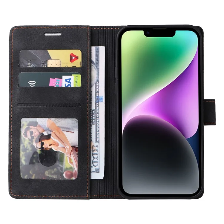 007 Serie per iPhone 14 Wallet Flip Cover PU Leather Skin-touch Stand Magnetic Phone Case - Nero