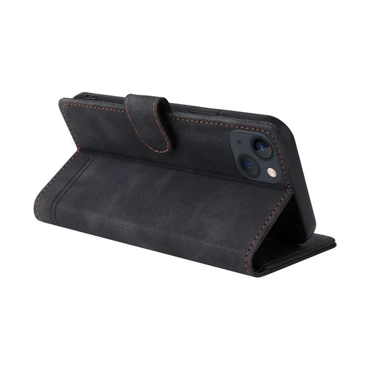007 Serie per iPhone 14 Wallet Flip Cover PU Leather Skin-touch Stand Magnetic Phone Case - Nero