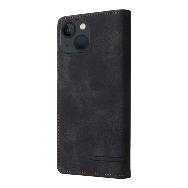 007 Serie per iPhone 14 Wallet Flip Cover PU Leather Skin-touch Stand Magnetic Phone Case - Nero