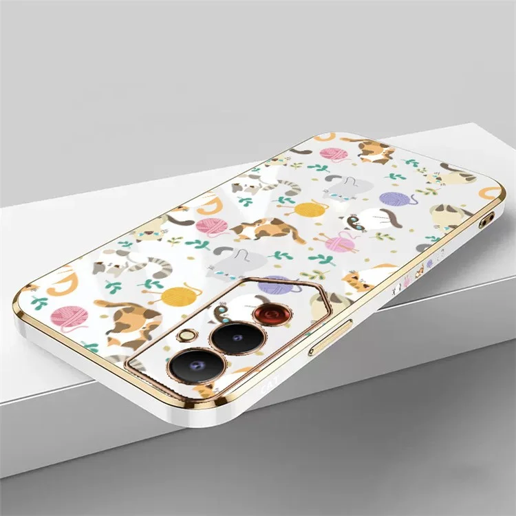 RZANTS Electroplating Phone Case for TECNO Pova 4 4G , Yarn Ball Cat Pattern Soft TPU Cover - White